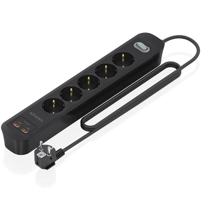 Regleta con interruptor aisens a154-0536/ 5 tomas de corriente/ 2 usb - 2 usb tipo-c/ cable 1.4m/ negro