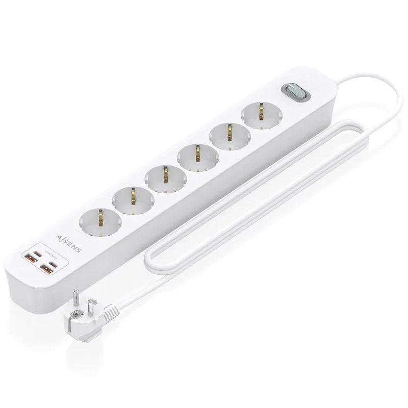 Regleta con interruptor aisens asps-2a2c16-w/ 6 tomas de corriente/ 2 usb - 2 usb tipo-c/ cable 1.4m/ blanco