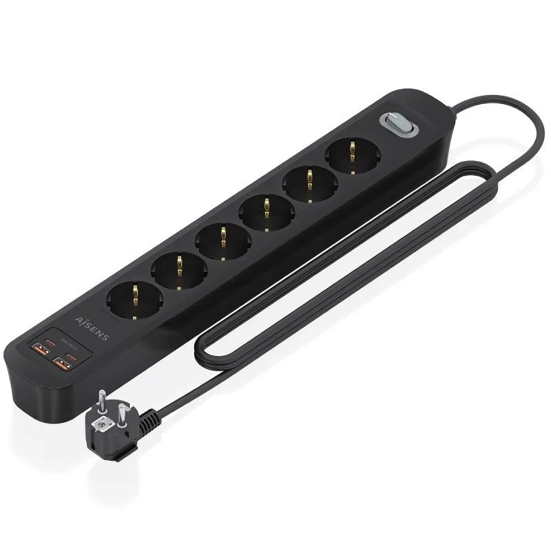 Regleta con interruptor aisens asps-2a2c17-bk/ 6 tomas de corriente/ 2 usb - 2 usb tipo-c/ cable 1.4m/ negro