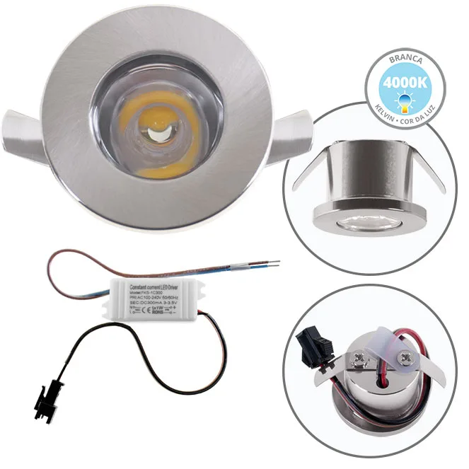 Foco encastrar deni redondo fijo 1w led 80lm 4000k a.0,3xd.3cm níquel