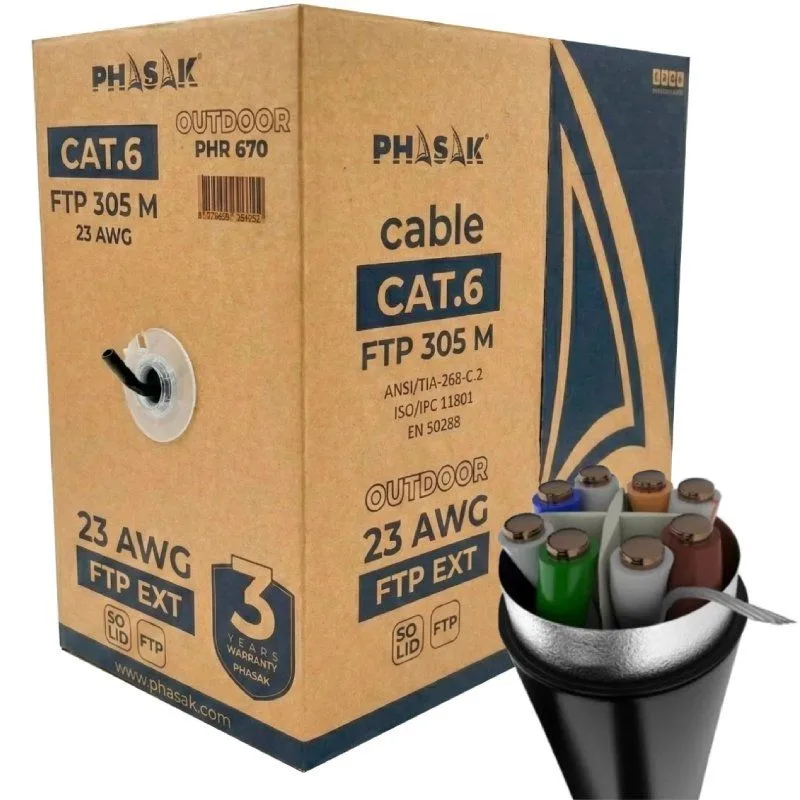Bobina de cable phasak de exterior ftp cat. 6 cca awg23 negro 305m
