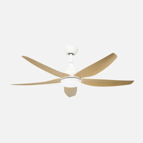 ABRILA - Ventilador DC Elda 18W Blanco/Haya | 5 Aspas | 6 Velocidades | Tecnología LED 2250lm | Control Remoto con Memoria y Temporizador | 144 cm