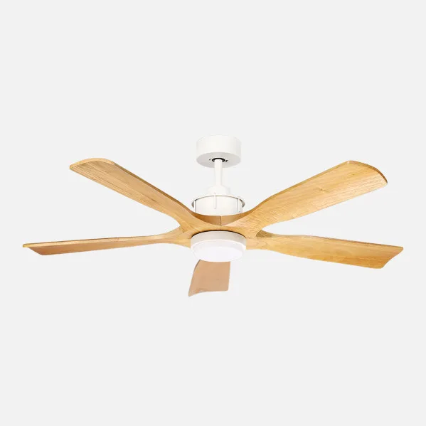 ABRILA - Ventilador DC Letur 18W | 5 Aspas | 6 Velocidades | LED Integrado | Luz Opcional | Control Remoto | 38,5/48,5x132x132 cm | Blanco/Haya
