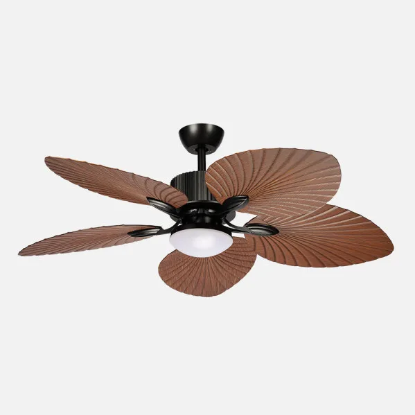 ABRILA - Ventilador DC Torcal 24W Negro/Roble | 5 Aspas Diseño Hoja de Palma Tropical | 6 Velocidades | Luz Opcional LED 2880lm | Control Remoto con Memoria y Temporizador