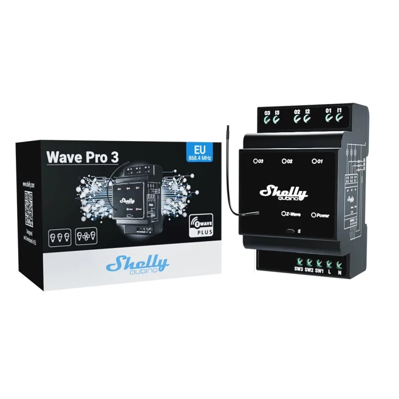 Shelly Qubino Wave Pro 3, Interruptor de relé Z-Wave, 3 canales (16A por canal), Contactos secos, Montaje en carril DIN, SmartStart Configuración| Necesita hub Z-Wave
