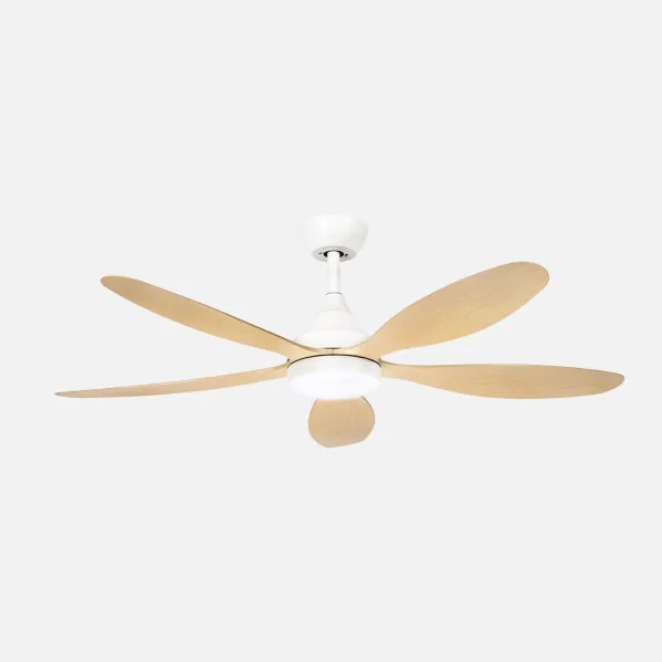 ABRILA - Ventilador DC Tobarra 18W | 5 Aspas | 6 Velocidades | LED Integrado | 3 Temperaturas de Luz | Control Remoto | 37/47x132x132 cm | Blanco/Haya