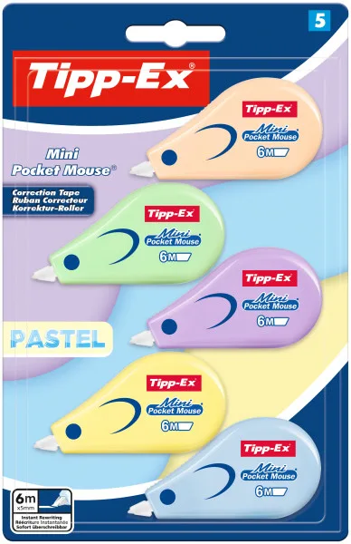 Tipp-ex mini pocket mouse pastel pack con 5 cintas correctoras 5mm x 6m - resistente - escritura instantanea