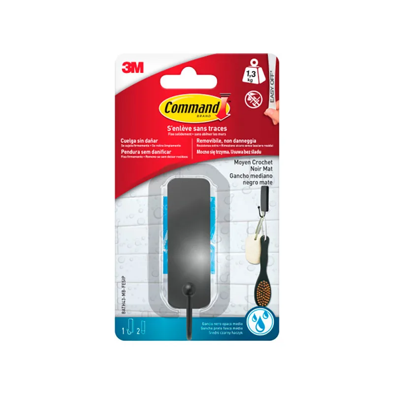Command Gancho Mediano para Baño, Negro Mate, 1 Gancho y 2 Tiras Adhesivas Resistentes al Agua, Sin Agujeros, Hasta 1,3 kg