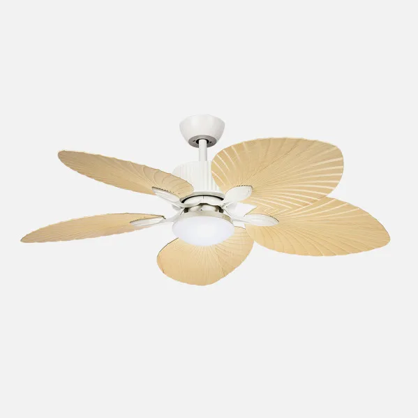 ABRILA - Ventilador DC Torcal 24W Blanco/Haya | 5 Aspas Diseño Hoja de Palma Tropical | 6 Velocidades | Luz Opcional LED 2880lm | Control Remoto con Memoria y Temporizador