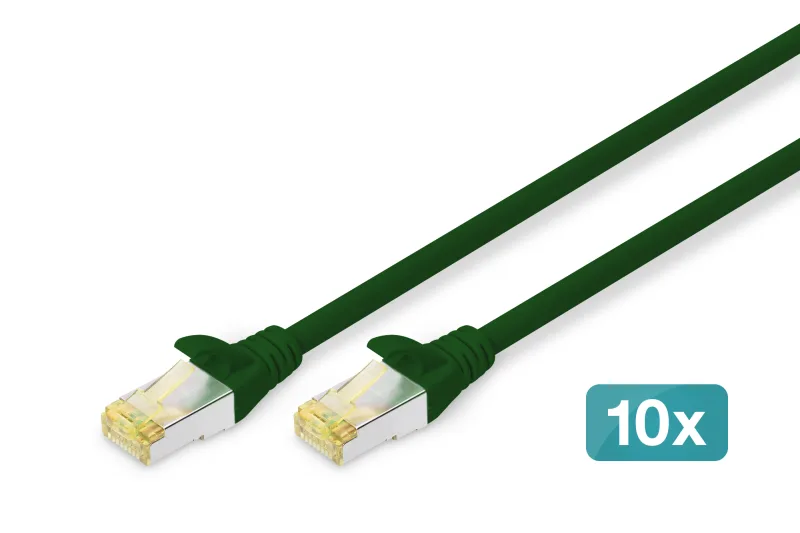 DIGITUS Cable LAN Cat 6A - 0,5m - 10 Piezas - Cable de red RJ45 - S/FTP Blindado - Compatible con Cat-6 y Cat-7 - Verde