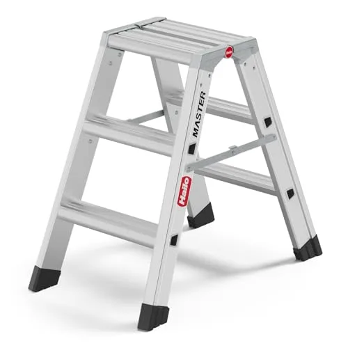 Hailo Master D80 Escalera de aluminio de doble peldaño - Escalera plegable transitable por ambos lados - Gran superficie de apoyo y peldaños antideslizantes anchos - 2 x 3 peldaños - Certificado EN
