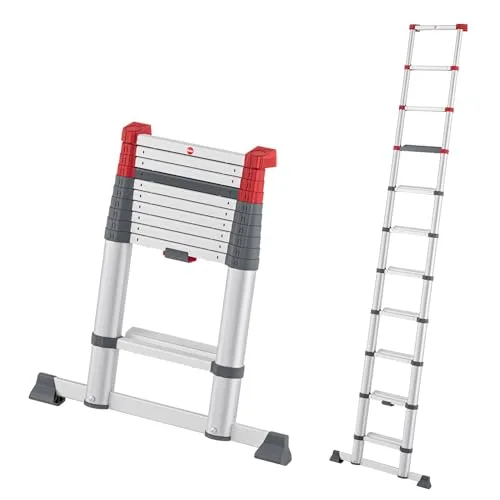 Hailo Escalera telescópica de seguridad T100 FlexLine - Escalera extensible de aluminio con hasta 11 peldaños - Altura máxima de trabajo hasta 420 cm - Soporta hasta 150 kg - Plata