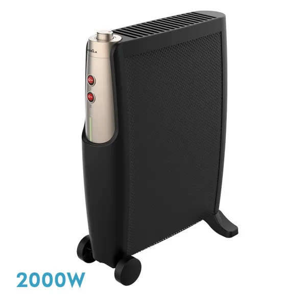 Radiador de mica imperial 2000w 2elem negro/oro 2potencias antivuelco,termostato,c/ruedas 66x48,5x23cm
