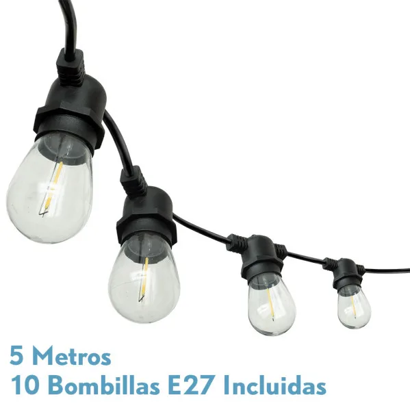 Guirnalda luces exterior verbena 5m 10xe27led 10w 4000k bombillas reemplazables e interconectable ip44