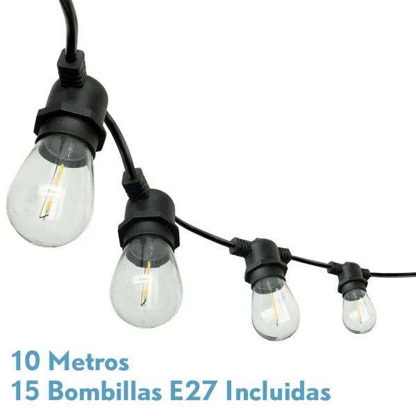 Guirnalda luces exterior verbena 10m 15xe27led 15w 4000k bombillas reemplazables e interconectable ip44