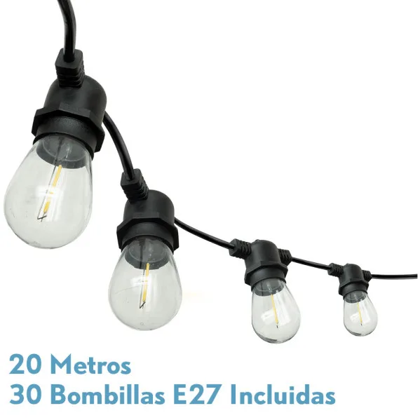 Guirnalda luces exterior verbena 20m 30xe27led 30w 4000k bombillas reemplazables e interconectable ip44