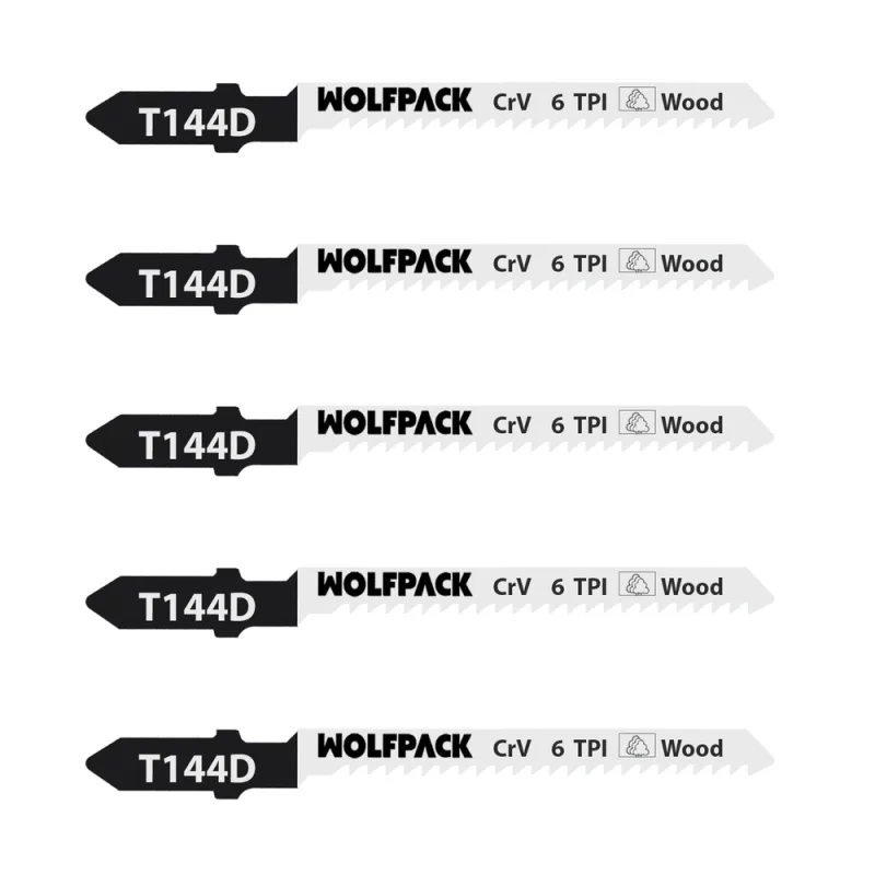 WOLFPACK LINEA PROFESIONAL Hoja Sierra Calar Para Madera Corte Grueso 5 Piezas. Hoja Cromo Vanadio 58. Vastago T Universal.