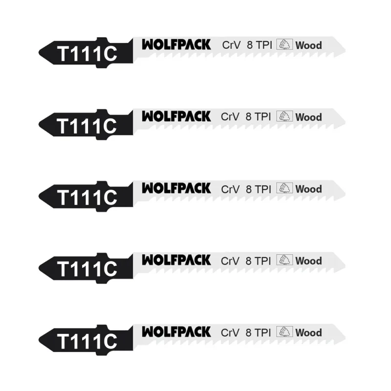 WOLFPACK LINEA PROFESIONAL Hojas Sierra Calar Para Madera Corte Medio 5 Piezas. Hoja Cromo Vanadio 58. Vastago T Universal