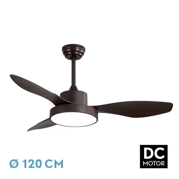 ABRILA - Ventilador de techo con luz LED 40W modelo HAYATE Marrón, 3 tonalidades de luz con memoria, 3 aspas, 3 velocidades, control remoto, temporizador, tamaño mediano