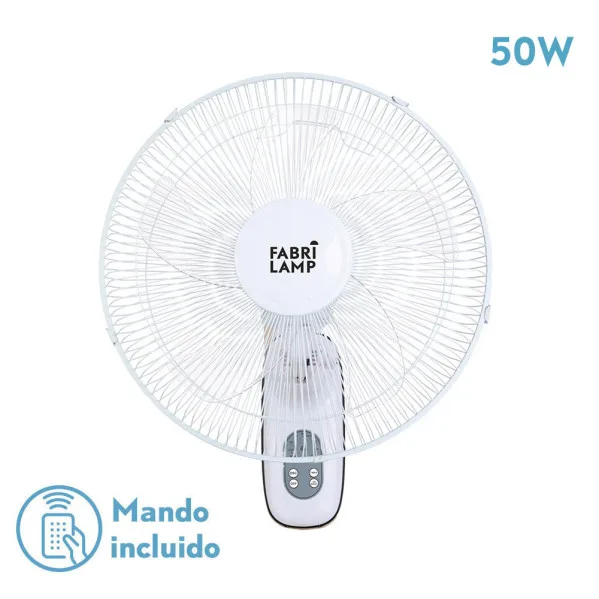 Ventilador de pared CUTA para interior doméstico, motor AC 50W, 3 velocidades, oscilante, cabezal orientable, mando a distancia, temporizador, 5 aspas transparentes, blanco