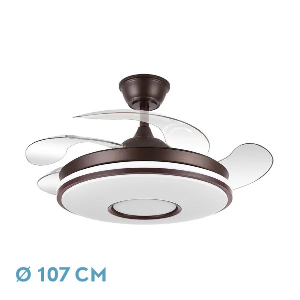FABRILAMP DANI ventilador de techo con luz LED, modelo 165391402, para interior, 4 aspas desplegables, motor DC, 6 velocidades, mando, temporizador, marrón