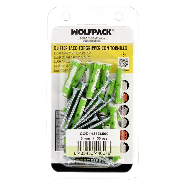 WOLFPACK LINEA PROFESIONAL - Blister Tacos Topgripper Bimaterial Con Tornillos Ø 6 mm. 30 Piezas Taco Anclaje Universal, Taco Hormigon, Taco Pladur