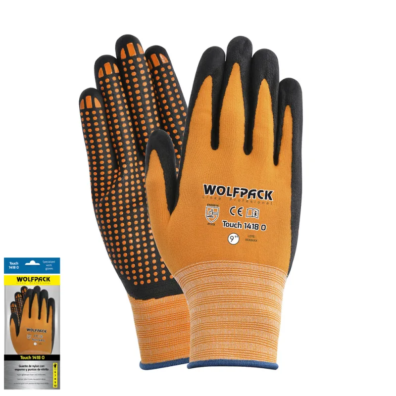WOLFPACK LINEA PROFESIONAL Guantes Nylon Con Palma En Foam y Puntos Nitrilo Touch 9""