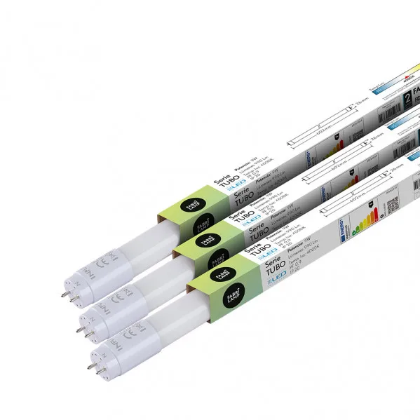 Tubo LED T8 FABRIPLUS 9W para iluminación interior, 900 lúmenes, luz blanca natural 4000K, formato 60 cm, venta en cajas de 25 unidades