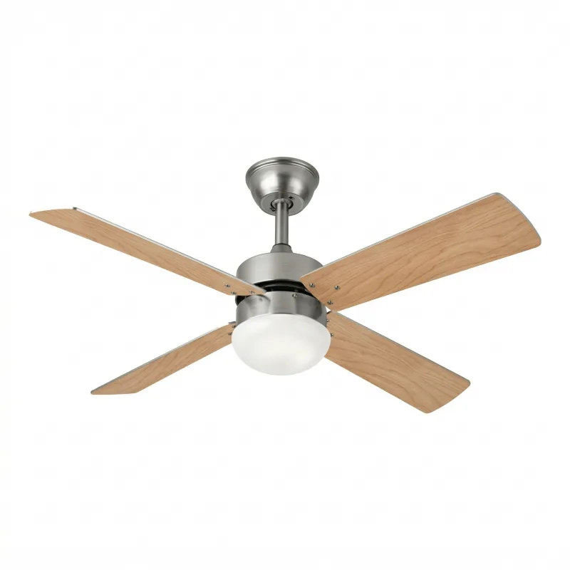 Ventilador de techo DC Sofía Fabrilamp en níquel con 4 aspas reversibles haya y plata, 2xE27, mando a distancia y temporizador para interior