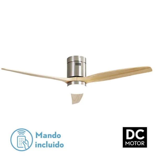 ABRILA - Ventilador de techo con luz LED 18W motor DC modelo AGUILON Níquel, 3 tonalidades, 3 aspas Haya, 5 velocidades, control remoto, memoria, temporizador, silencioso y bajo consumo