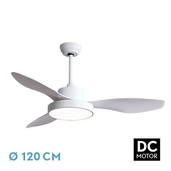 ABRILA - Ventilador de techo con luz LED 40W modelo HAYATE Blanco, 3 tonalidades de luz con memoria, 3 aspas, 3 velocidades, control remoto, temporizador, tamaño mediano