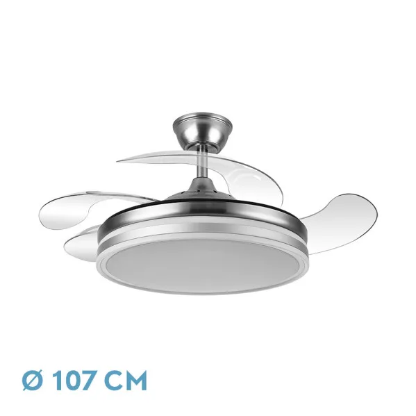 FABRILAMP - Ventilador de Techo con Luz LED 59W | Motor DC Modelo BAYOMO NIQUEL | 4 Aspas Retráctiles | 3 Tonalidades | 6 Velocidades | Control Remoto | Temporizador | Silencioso, Blanco, Mediano