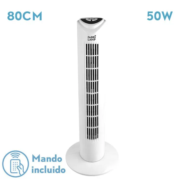 FABRILAMP Ventilador De Torre Tuka Blanco 3 Vel 50w C/remoto Oscilante Temporizador 80x25x25 Cm