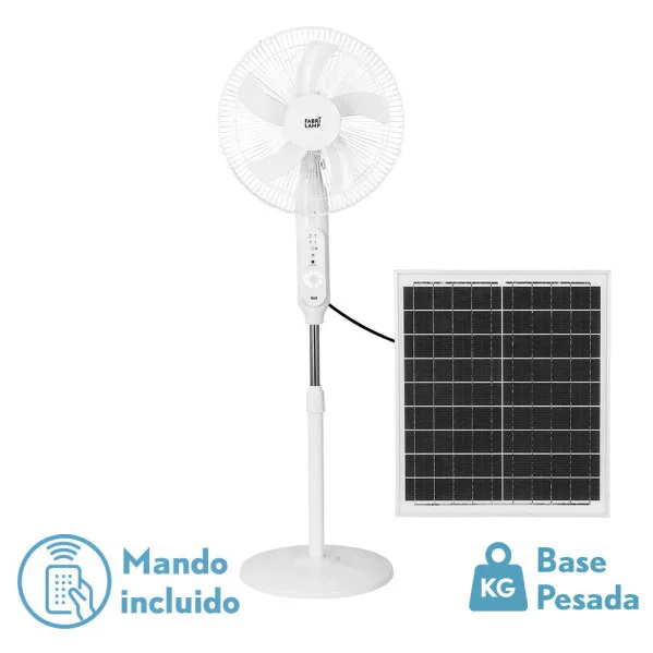 FABRILAMP CLIMA ventilador de pie solar para interior, motor DC, 5 aspas, 3 velocidades, panel solar, batería litio, puerto USB, luz Night, blanco