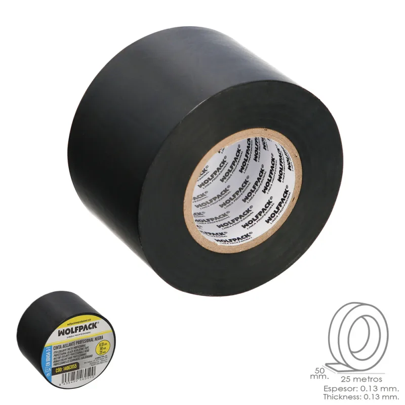 WOLFPACK LINEA PROFESIONAL Cinta Aislante Profesional Negra Espesor 0.13 mm. Ancho 50 mm. Rollo 25 Metros Cinta Electricista, Cinta Aislante Cables