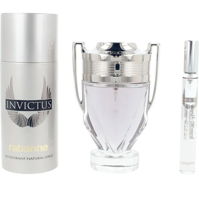 Paco Rabanne Invictus (M) Set de 3 piezas EDT Spray 3.4 oz + 11 oz Travel EDT Spray