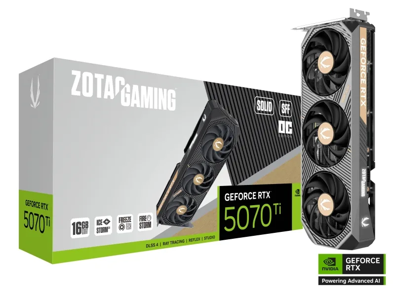 ZOTAC Gaming GeForce RTX 5070 Ti Solid SFF OC, GeForce RTX 5070 Ti, 16 GB, GDDR7, 256 bit, 7680 x 4320 Pixel, PCI Express x16 5.0