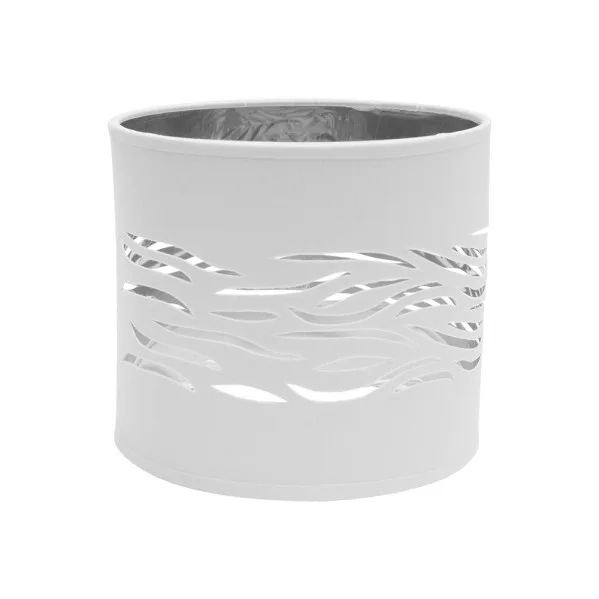 Pantalla sobremesa Niebla Fabrilamp en blanco y plata con portalámparas E14, diseño calado textil de 17 cm para lámparas de interior con luz difusa