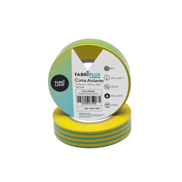 Cinta aislante PVC verde amarillo 19 mm x 10 m, flexible y duradera para electricista, identificación de tierra y aislamiento de cables