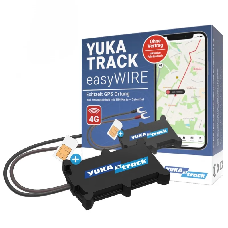 YUKAtrack easyWire - Rastreador GPS 4G para coche, moto, camión, caravana, tarjeta SIM y datos de la UE, localización en directo mediante aplicación, libro de viaje, juego completo: sin suscripción