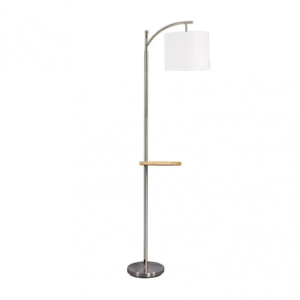 Lámpara de pie de salón, Seda, 1xE27 en níquel con pantalla blanca y mesita de madera incorporada, diseño elegante de 181x27x44 cm para salón o dormitorio, color níquel/blanco