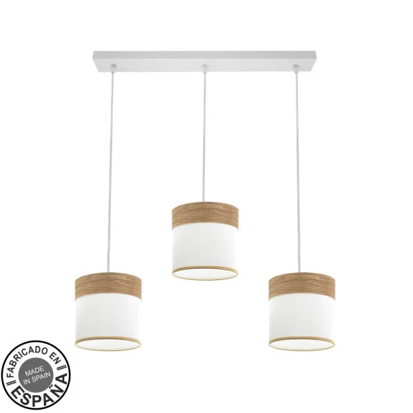 Regleta FABRILAMP Cloe 3xE27 para iluminación interior decorativa, diseño moderno en blanco, textil y madera clara, pantallas regulables en altura