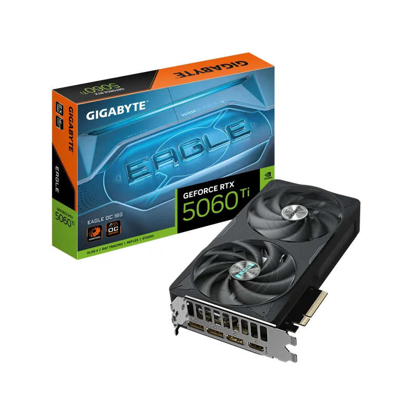 GIGABYTE GeForce RTX 5060 Ti EAGLE OC 16G Tarjeta Gráfica - 16 GB GDDR7, 128 bits, PCI-E 5.0, 2617 MHz Frecuencia del núcleo, 3 x DisplayPort, 1 x HDMI, GV-N506TEAGLE OC-16GD