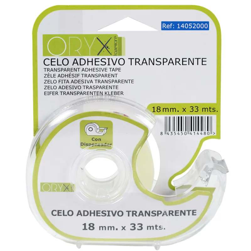 ORYX Cinta Celo Adhesivo Transparente 18 mm. x 33 Mts. Con Dispensador.