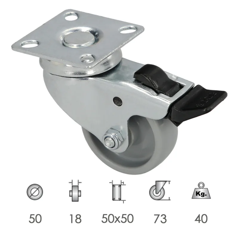 WOLFPACK LINEA PROFESIONAL 11111140 Rueda Domestica Ø 50 mm. con Placa 50x50 mm. con Freno, Multicolor