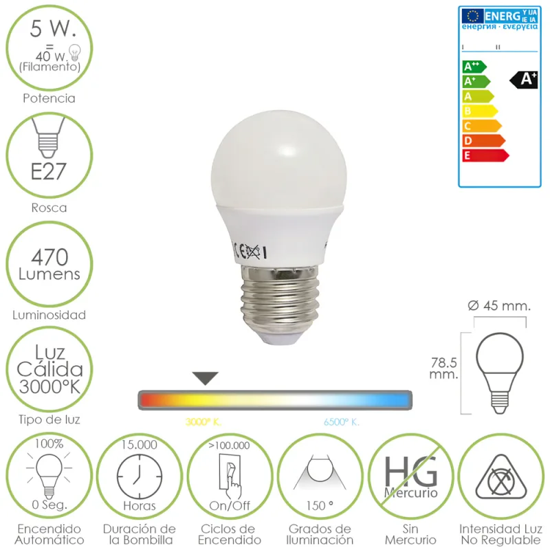 MAURER Bombilla Led Esferica E27 5 W. -40 W. 470 lúmenes. Luz cálida (3.000 °K), Blanco