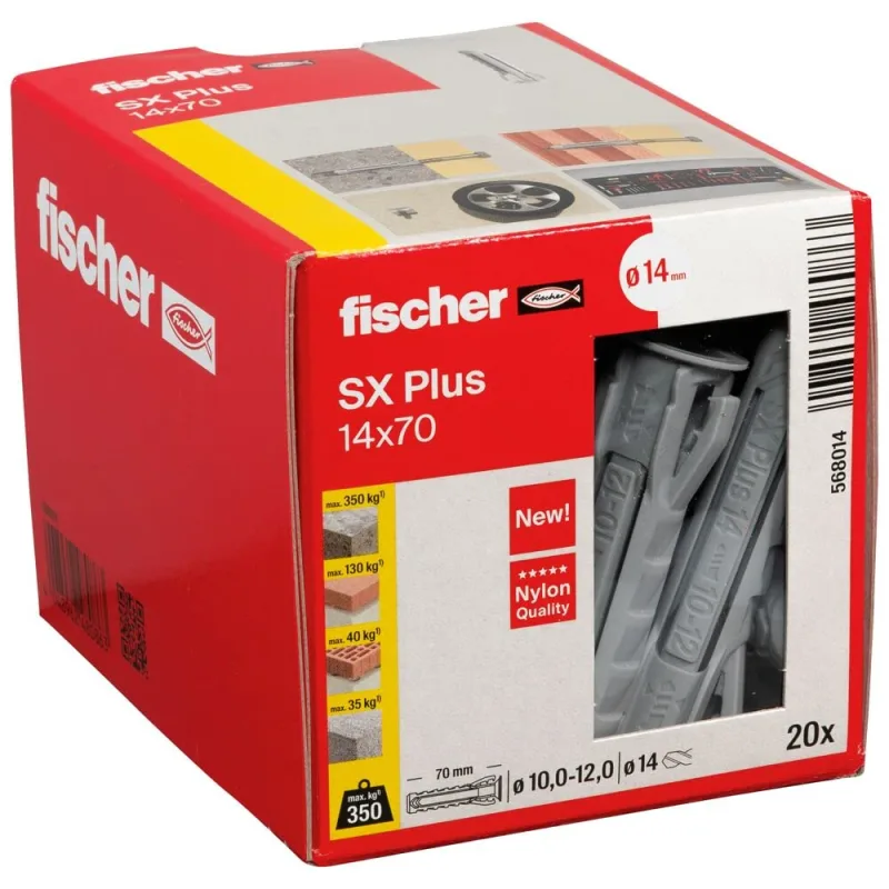 fischer 568014 SX Plus - Taco de expansión SX Plus 14x70, caja con 20 anclajes de nylon, anclajes para una sujeción óptima al fijar en hormigón, ladrillo macizo, ladrillo y mucho más