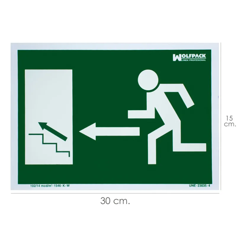 Cartel/Señal Fluorescente Salida Escalera Izquierda Arriba 21x30 cm.