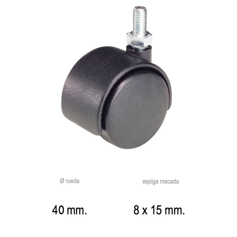 Rueda domestica nylon negro espiga m8x40 mm.
