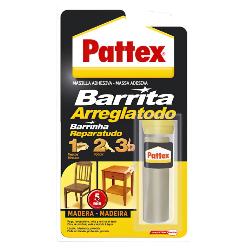 Pattex Barrita Arreglatodo, masilla bicomponente especial madera, pasta moldeable para pegar y reparar, resina epoxi barnizable y lijable para varias maderas, tubo 48 g